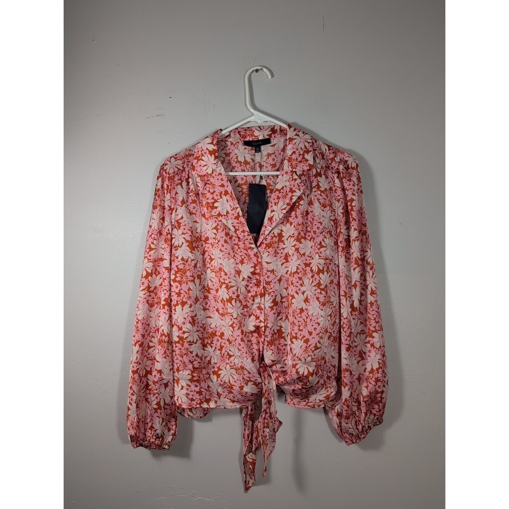 Eclair Pink Floral Satin Tie Front Button Down Blouse NWT Medium‎